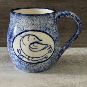 Studio Art Pottery Hand Painted Bird Motif Blue Spongeware Mug Artisan Signed